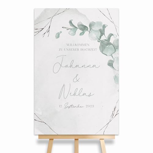 HEI Print Willkommensschild Hochzeit Eukalyptus mit Datum und Namen, personalisierte Hochzeitsdekoration, Aquarell Willkommen Schild, Grün, 60x40 (Hochformat) von HEI Print