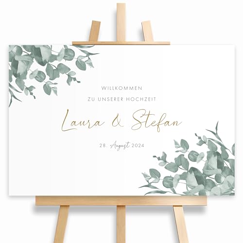 HEI Print Willkommensschild Hochzeit Eukalyptus mit Datum und Namen, personalisierte Hochzeitsdekoration, Hochzeitsdeko, Willkommen Schild, Grün, 60x40 (Leinwand) von HEI Print