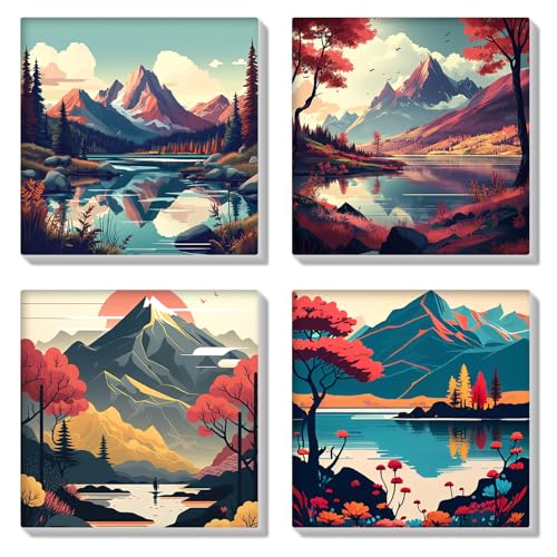 HEIBAGO 4 Pack Landschaft Malen nach Zahlen Mit Rahmen, DIY Berge Ölmalerei Malen nach Zahlen Kit für Erwachsene, Anfänger, Fluss Malen nach Zahlen Kunsthandwerk Bilder,8×8 inch von HEIBAGO