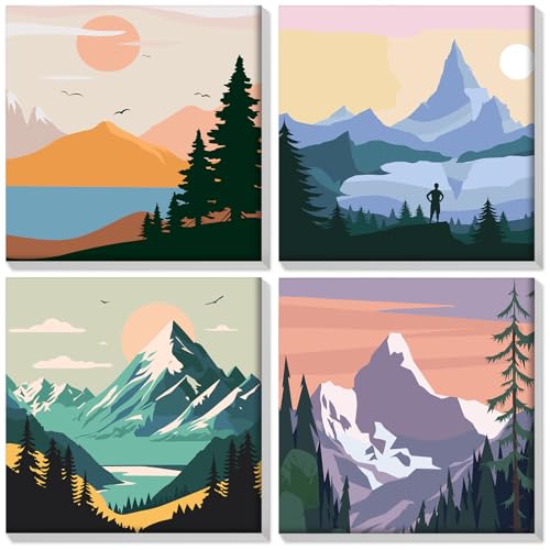 HEIBAGO 4 Pack Malen nach Zahlen Mit Rahmen, DIY Berge Ölmalerei Malen nach Zahlen Kit für Erwachsene, Anfänger, Landschaft Malen nach Zahlen Kunsthandwerk Bilder für Anfänger,8×8 inch von HEIBAGO