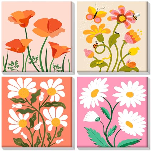 HEIBAGO 4 Pack Malen nach Zahlen Mit Rahmen, DIY Blume Ölmalerei Malen nach Zahlen Kit für Erwachsene, Anfänger, Malen nach Zahlen Kunsthandwerk Bilder für Anfänger,8×8 inch von HEIBAGO