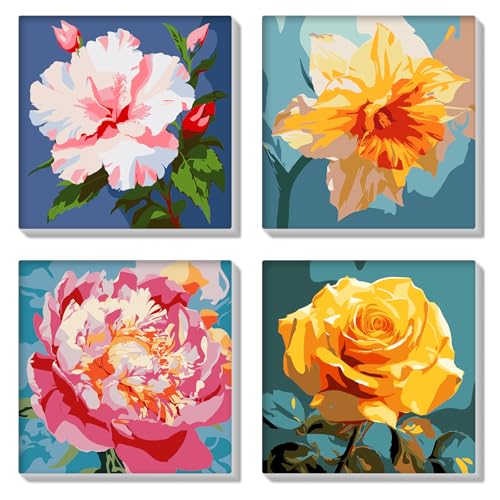 HEIBAGO 4 Pack Malen nach Zahlen Mit Rahmen, DIY Blumen Ölmalerei Malen nach Zahlen Kit für Erwachsene, Anfänger, Landschaft Malen nach Zahlen Kunsthandwerk Bilder,8×8 inch von HEIBAGO