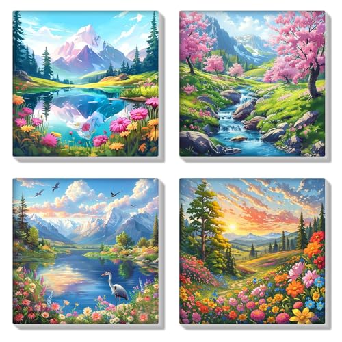 HEIBAGO 4 Pack Malen nach Zahlen Mit Rahmen, DIY Frühling Landschaft Ölmalerei Malen nach Zahlen Kit für Erwachsene, Anfänger, Blumen Malen nach Zahlen Kunsthandwerk Bilder,8×8 inch von HEIBAGO