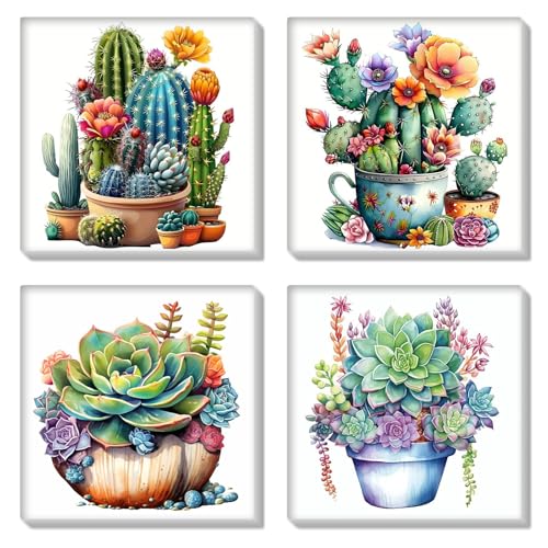 HEIBAGO 4 Pack Malen nach Zahlen Mit Rahmen, DIY Kaktus Blume Ölmalerei Malen nach Zahlen Kit für Erwachsene, Anfänger, Sukkulente Malen nach Zahlen Kunsthandwerk Bilder,8×8 inch von HEIBAGO