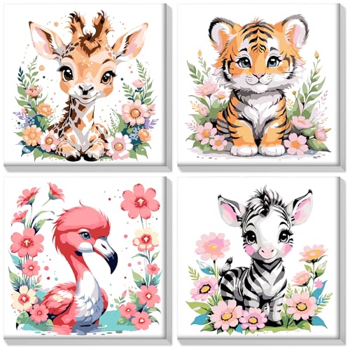 HEIBAGO 4 Pack Malen nach Zahlen Mit Rahmen, DIY Tiere Ölmalerei Malen nach Zahlen Kit für Erwachsene, Anfänger, Zebra Malen nach Zahlen Kunsthandwerk Bilder für Anfänger,8×8 inch von HEIBAGO