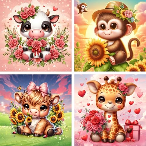 HEIBAGO 4 Packs Tiere Diamond Painting, 5D Blumen Diamant Painting Kits für Erwachsene Anfänger, Full Drill Diamond Art Kühe Diamant Malerei Bilder für Wanddekor 30x40cm von HEIBAGO