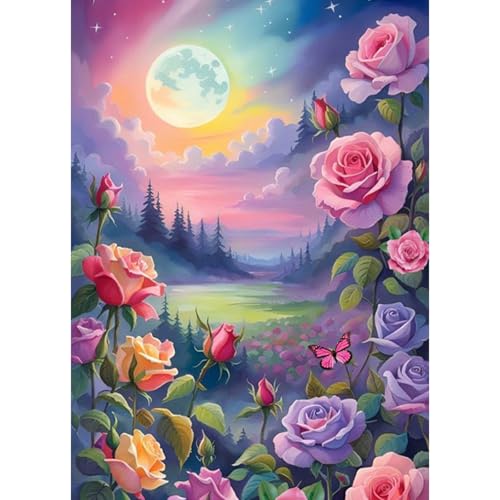 HEIBAGO 5D Landschaft Diamond Painting Für Erwachsene, Blume Rhinestone Embroidery Diamant Painting Set, DIY Full Drill Diamant Malerei Kits Mond Diamond Art Bilder Für Anfänger, Home Dekor 30 * 40cm von HEIBAGO