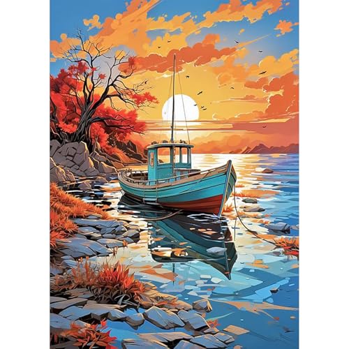 HEIBAGO 5D Landschaft Diamond Painting Für Erwachsene, Segelboot Rhinestone Embroidery Diamant Painting Set, DIY Full Drill Diamant Malerei Kits Diamond Art Bilder Für Anfänger, Home Dekor 30 * 40cm von HEIBAGO