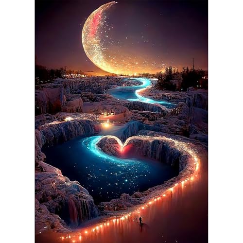 HEIBAGO 5D Mond Diamond Painting Für Erwachsene, Landschaft Rhinestone Embroidery Diamant Painting Set, DIY Full Drill Diamant Malerei Kits Fantasie Fluss Diamond Art Bilder Für Home Dekor 30 * 40cm von HEIBAGO