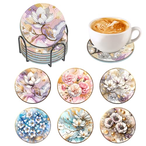 HEIBAGO 6Pcs Blume Diamond Painting Untersetzer mit Halter, DIY batikähnliche Farbe Diamant Kunst Untersetzer Kits für Erwachsene, 5D Runde Diamant Malerei Untersetzer Bastelbedarf Für Home Wand Dekor von HEIBAGO