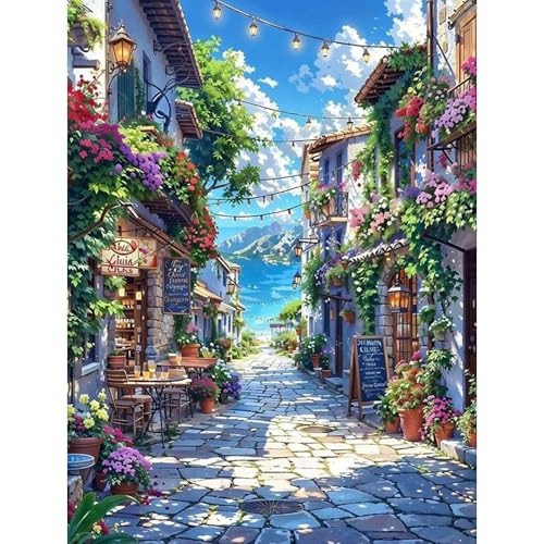 HEIBAGO Blumenhaus 5D Diamond Painting, Innenhof Full Drill Diamant Painting Sets Für Erwachsene, DIY Cross Embroidery Diamant Kunst Landschaft Diamond Art Bilder Für Home Wand Dekor 30 * 40cm von HEIBAGO