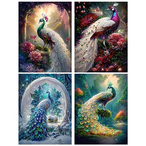 HEIBAGO Diamond Painting Pfau, 4 Pack Pfau Diamant Painting Bilder für Erwachsene Kinder, Full Drill Diamond Art Tiere Diamant Malerei Set für Heimdecor 30x40cm von HEIBAGO