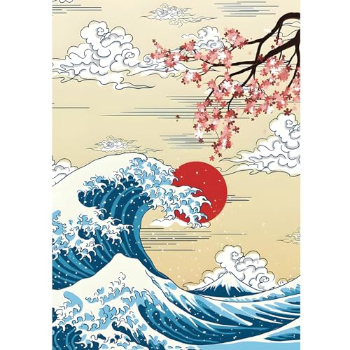 HEIBAGO Die Große Welle Diamond Painting, 5D Japanischer Kirschblüten Baum Diamant Painting Bilder für Erwachsene Kinder, DIY Diamond Art Sonnenuntergang Diamant Malerei Set für Home Dekor 30x40cm von HEIBAGO