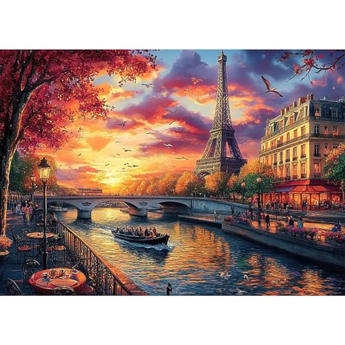 HEIBAGO Eiffelturm 5D Diamond Painting, Fluss Full Drill Diamant Painting Sets Für Erwachsene Anfänger, DIY Cross Embroidery Diamant Kunst Landschaft Diamond Art Bilder Für Home Wand Dekor 30 * 40cm von HEIBAGO