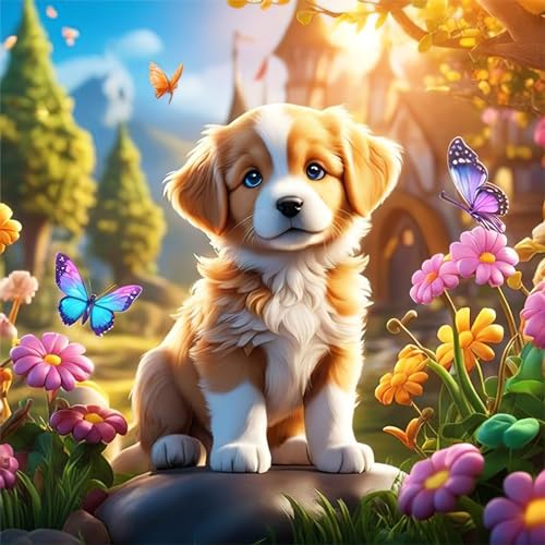 HEIBAGO Hund Diamond Painting Für Anfänger, 5D Blume Full Drill Diamant Painting Erwachsene, DIY Cross Embroidery Diamant Kunst Sets Tiere Diamond Art Bilder Für Wanddekor 30 * 30cm von HEIBAGO