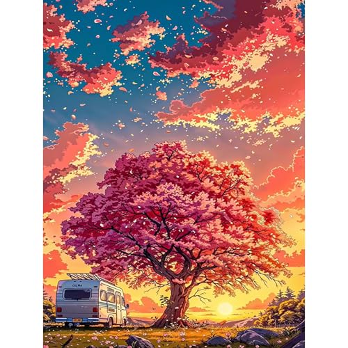 HEIBAGO Kirschbaum Diamond Painting Für Anfänger, 5D Bunte Wolken Full Drill Diamant Painting Erwachsene, DIY Cross Embroidery Diamant Kunst Sets Bus Diamond Art Bilder Für Wanddekor 30 * 40cm von HEIBAGO