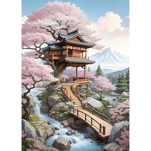 HEIBAGO Kirschblüte Diamond Painting Für Anfänger, 5D Brücke Full Drill Diamant Painting Erwachsene, DIY Cross Embroidery Diamant Kunst Sets Fluss Diamond Art Bilder Für Gifts, Wanddekor 30 * 40cm von HEIBAGO