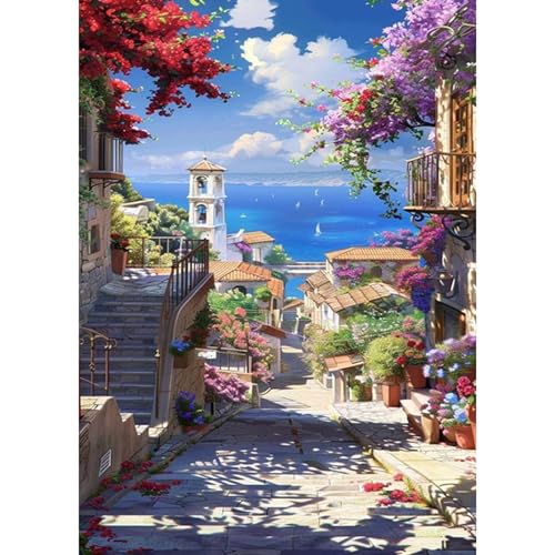 HEIBAGO Landschaft Diamond Painting Für Anfänger,5D Haus Full Drill Diamant Painting Erwachsene, DIY Cross Embroidery Diamant Kunst Sets Meer Blume Diamond Art Bilder Für Wanddekor 30 * 40cm von HEIBAGO