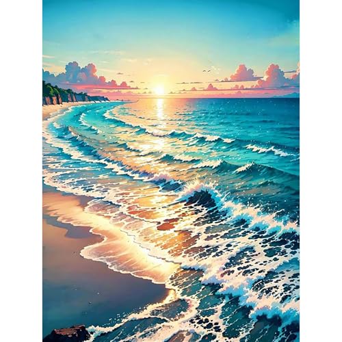 HEIBAGO Meer Diamond Painting Für Anfänger, 5D Sonnenuntergang Full Drill Diamant Painting Erwachsene, DIY Cross Embroidery Diamant Kunst Sets Landschaft Diamond Art Bilder Für Wanddekor 30 * 40cm von HEIBAGO