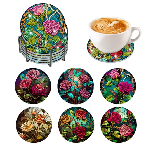 HEIBAGO Rosen Diamond Painting Untersetzer mit Halter für Erwachsene, 6 Pack Blume DIY Diamant Malerei Untersetzer für Kinder, Diamant Kunst Untersetzer Kits Kunsthandwerk Für Home Wand Dekor von HEIBAGO