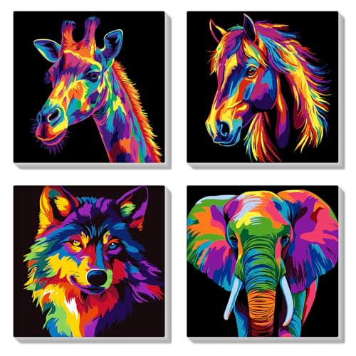 HEIBAGO Set of 4 Malen nach Zahlen für Erwachsene Mit Rahmen, DIY Bunte Malen nach Zahlen Kits für Anfänger, Tiere Ölmalerei Kunst Handwerk Bilder für Wanddekoration, 8×8 inch von HEIBAGO