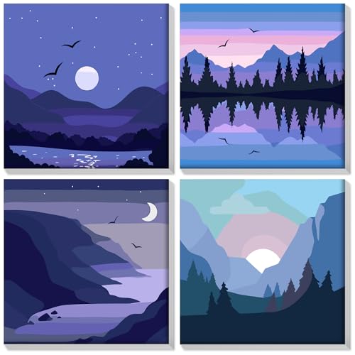 HEIBAGO Set of 4 Malen nach Zahlen für Erwachsene Mit Rahmen, DIY Landschaft Malen nach Zahlen Kits für Anfänger, Ölmalerei Kunst Handwerk Bilder für Wanddekoration, 8×8 inch von HEIBAGO