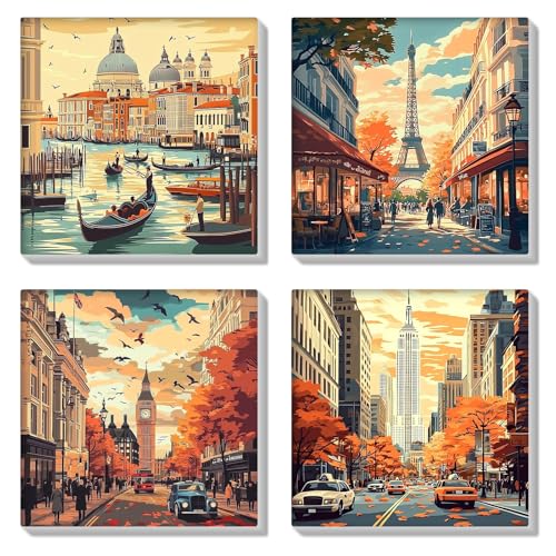 HEIBAGO Set of 4 Malen nach Zahlen für Erwachsene Mit Rahmen, DIY Landschaft Malen nach Zahlen Kits für Anfänger, Ölmalerei Kunst Handwerk Bilder für Wanddekoration, 8×8 inch von HEIBAGO