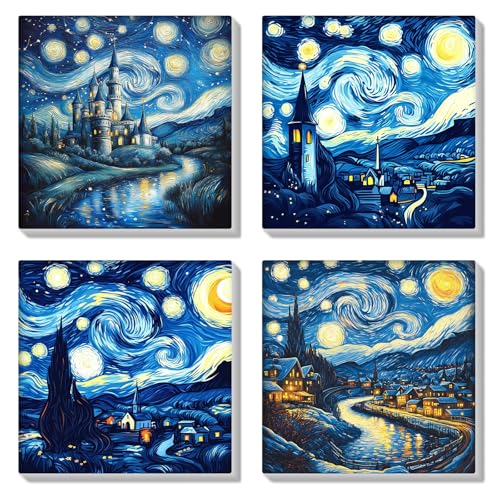 HEIBAGO Set of 4 Malen nach Zahlen für Erwachsene Mit Rahmen, DIY Sternenhimmel Malen nach Zahlen Kits für Anfänger, Schloss Ölmalerei Kunst Handwerk Bilder für Wanddekoration, 8×8 inch von HEIBAGO