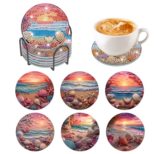 HEIBAGO Sonnenuntergang Diamond Painting Untersetzer mit Halter für Erwachsene, 6 Pack Strand DIY Diamant Malerei Untersetzer, Diamant Kunst Untersetzer Kits Muscheln Kunsthandwerk Für Home Wand Dekor von HEIBAGO