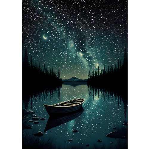 HEIBAGO Sternenhafte Nacht Diamond Painting Erwachsene, Kanu See Mond Diamant Painting Bilder Erwachsene Anfänger, DIY Diamond Art Landschaft Diamant Malerei Bilder für Wanddekor 30x40cm von HEIBAGO