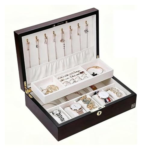 Schmuckschatulle, Schmuckkasten, Schmuckkoffer, 2-lagiger großer Schmuck-Aufbewahrungskoffer, Schmuck-Organizer for Halskette, Ohrringe, Ringe, Armbänder, Uhr(Dark Red) von HEIDOUOZ