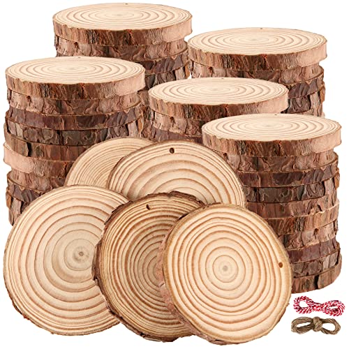 HEIYUET 50 Stück 10cm Holzscheiben Rund Klein, Holzscheiben mit Loch und Juteschnur, unlackierte Holzkreise Holz Log Scheiben für Bastelarbeiten, Ornamente, rustikale Hochzeitsdekoration von HEIYUET