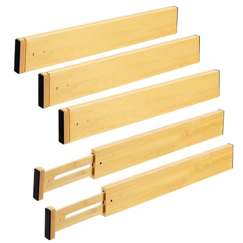 HEIYUET 5er Set Bambus Schubladentrenner Verstellbar, Schubladen Ordnungssystem Küche Schubladenteiler Holz, 43-56cm ausziehbare Schubladen Organizer für Küche Badezimmer Büro Schlafzimmer Kommode von HEIYUET