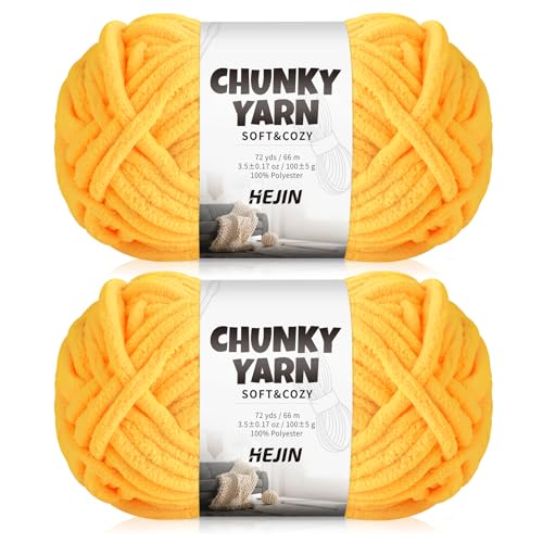 HEJIN Gelbes Chenille-Garn, 2 Packungen mit 100 g – grobes Chenille-Garn 6 super sperrig – 72 Meter x 2 – Stricken, Häkeln und Basteln, grobes Garn, perfekt für Amigurumi, Handwerk und Fingerstricken von HEJIN