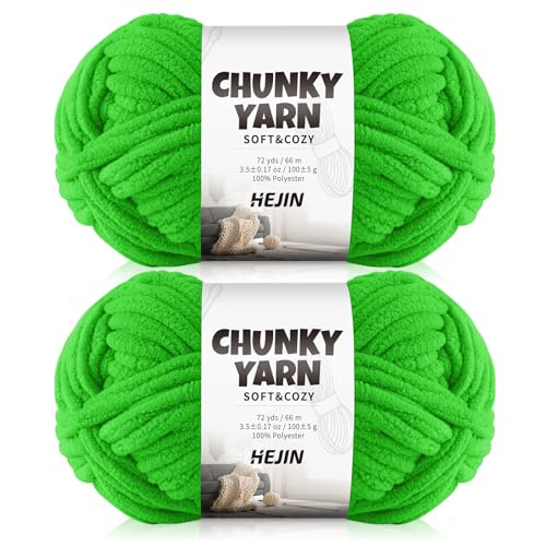 HEJIN Grünes Chenille-Garn, 2 Packungen mit 100 g – grobes Chenille-Garn 6 super sperrig – 72 Meter x 2 – Stricken, Häkeln und Basteln, grobes Garn, perfekt für Amigurumi, Handwerk und Fingerstricken von HEJIN