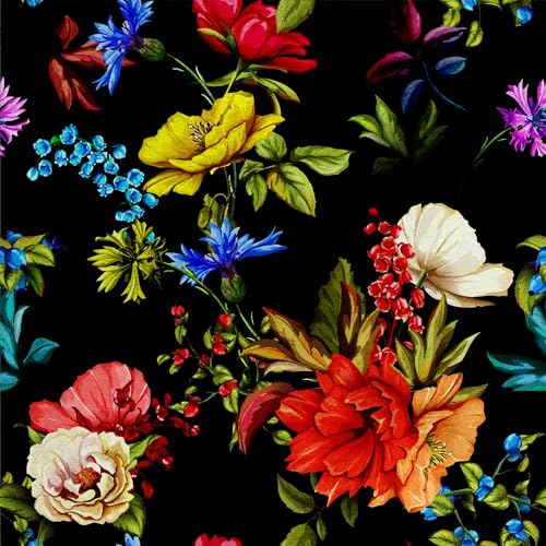 HEKO PANELS Samt Stoff Meterware Dekostoff Bedruckt Möbelstoff Polsterstoff Samtstoff Velvet Polyester Stoffe Zum Nähen Wasserabweisend Royal Blumen Schwarz Bunt 140 x 100 cm RDX171 von HEKO PANELS