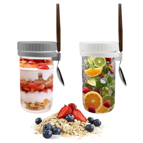 HEKOBAG 2 Stück Overnight Oats Behälter Glas Overnight Oats Gläser mit Deckel und Löffel Oatmeal Gläser 600 ml/20 oz Porridge Glas Joghurtbecher Müslibecher To Go Müslidose für Milch Müsli Joghurt von HEKOBAG