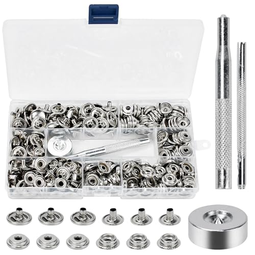 HEKOBAG Druckknöpfe Set, 300 Stück (75 Sätze) Canvas Snap Button 15mm Druckknöpfe Metall Kleidung Druckknopf Canvas Snaps Fastener Kit mit Fixierwerkzeug für Kleidung Leder Jeans Nähen von HEKOBAG