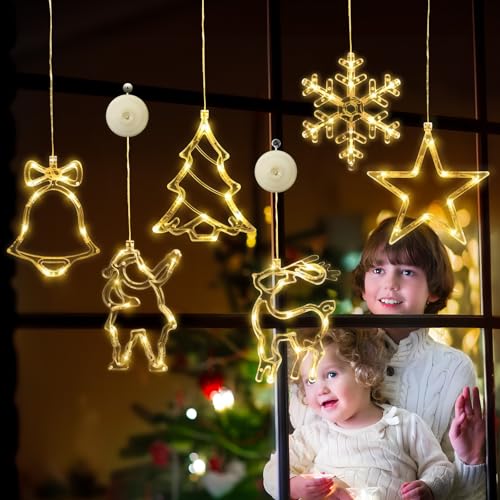 6 Stück Weihnachtsdeko Fenster Fensterdeko Hängend Weihnachten Fensterlicht LED Warmweiß Batteriebetrieb mit Saugnapf, Fensterbeleuchtung Weihnachtsbeleuchtung für Party Weihnachtsdeko Innen Außen von HELESIN