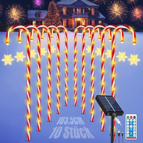 HELESIN 10 Stück Zuckerstangen Weihnachtsdeko Außen Längere Solar LED Zuckerstangen Weihnachtsbeleuchtung mit Funkelnde Schneeflocke, Fernsteuerung, 8 Modi Zuckerstange für Garten Weihnachten Deko von HELESIN