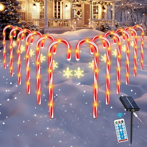 HELESIN 12 Stück Weihnachtsdeko Aussen, Solar LED Zuckerstangen Weihnachtsbeleuchtung Außen mit Funkelnde Schneeflocke, 8 Beleuchtungsmodi Zuckerstangen Weihnachten Deko für Rasen, Terrasse, Geschenke von HELESIN