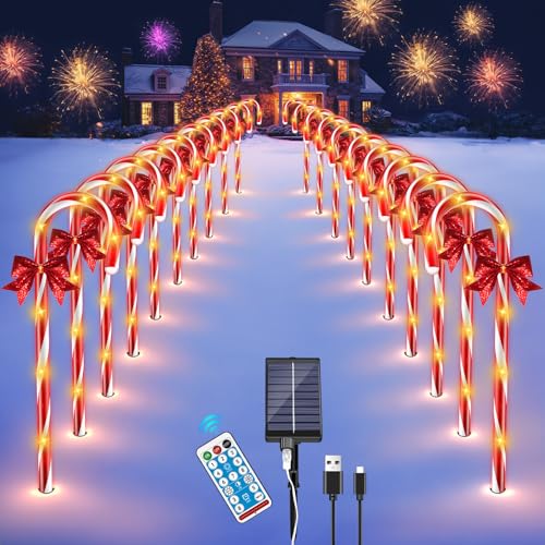 HELESIN 20 Stück Solar LED Zuckerstangen Außen, Weihnachtsdeko Aussen Zuckerstangen Solar 1800mAh, Aufladbar über Typ-C-Anschluss,Weihnachtsbeleuchtung LED Zuckerstange für Außen Weihnachten Deko von HELESIN