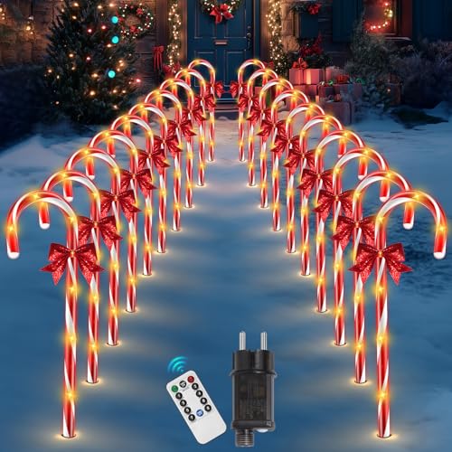 HELESIN 20 Stück Weihnachtsdeko Aussen LED Zuckerstangen Beleuchtet Außen mit Fernsteuerung 8 Modi Weihnachtsbeleuchtung LED Zuckerstangen lichterkette für Außen Weihnachten Deko von HELESIN