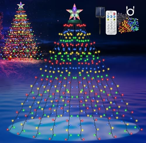 HELESIN 410 LED Solar Lichterkette Weihnachtsbaum Beleuchtung mit Sterne 8 Modi Timer USB aufladbar wasserdicht Christbaumbeleuchtung mit ring für 150 bis 250cm Tannenbaum Innen Außen Mehrfarbig von HELESIN