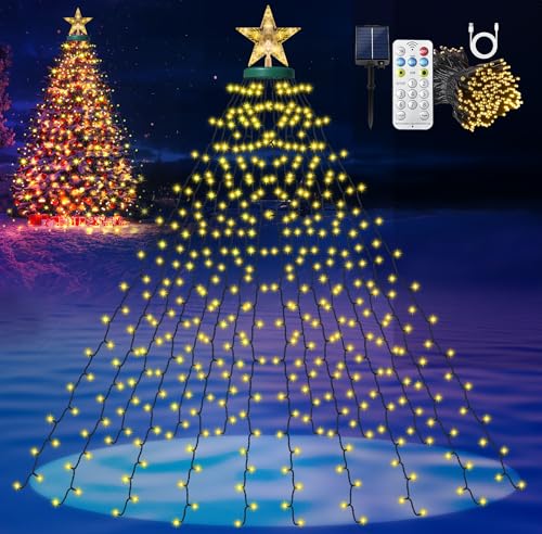 HELESIN 410 LED Solar Lichterkette Weihnachtsbaum Beleuchtung mit Sterne 8 Modi Timer USB aufladbar wasserdicht Christbaumbeleuchtung mit ring für 150 bis 250cm Tannenbaum Innen Außen Warmweiß von HELESIN