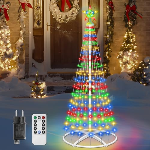 HELESIN LED Weihnachtsbaum Aussen, 204 LED Weihnachtsbaum Kegelform 8 Modi mit Fernbedienung, Lichterbaum Weihnachten Zeitschaltuhr für Innen- und Außendekorationen (Mehrfarbig) von HELESIN