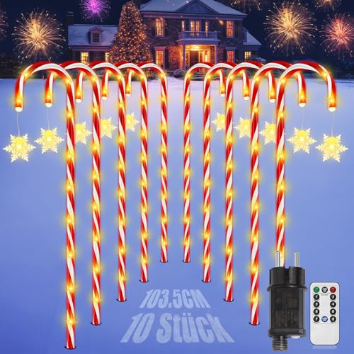 HELESIN Lichterkette Zuckerstangen, 10 Stück Erhöhtes Design Zuckerstangen LED Außen, 110LED 8 Modi Zuckerstangen Beleuchtet, Wasserdicht Schneeflocke Weihnachtssbeleuchtung für Garten Weihnachtsdeko von HELESIN