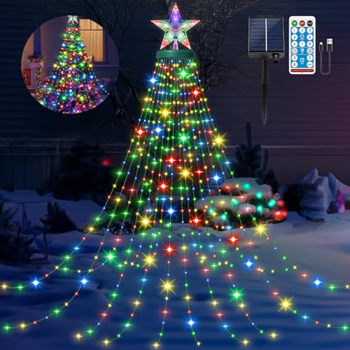 HELESIN Solar Weihnachtsbaum Lichterkette mit Ring, Stern und 16 Stränge, 410er LED 8 Modi USB aufladbar Tannenbaum Lichterkette für 150cm bis 250cm Weihnachtsbaum Beleuchtung Deko Aussen Mehrfarbig von HELESIN