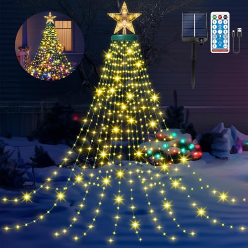 HELESIN Solar Weihnachtsbaum Lichterkette mit Ring, Stern und 16 Stränge, 410er LED 8 Modi USB aufladbar Weihnachtsbaumbeleuchtung für 150cm bis 250cm Tannenbaum, Weihnachtsbaum Deko Außen Warmweiß von HELESIN