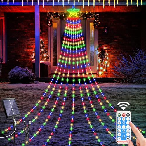 HELESIN Solar Weihnachtsbeleuchtung Außen, 350 LED 9 Girlanden Lichterkette Weihnachtsbaum mit Sterne 8 Modi Wasserdicht Christbaumbeleuchtung Außen für Tannenbaum, Weihnachten Party Garten Deko Bunt von HELESIN